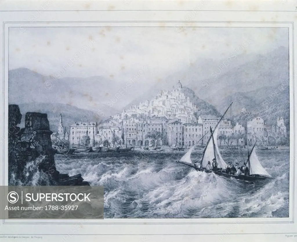 The Port of Lerici in the Gulf of La Spezia, Italy 18th Century. Engraving.