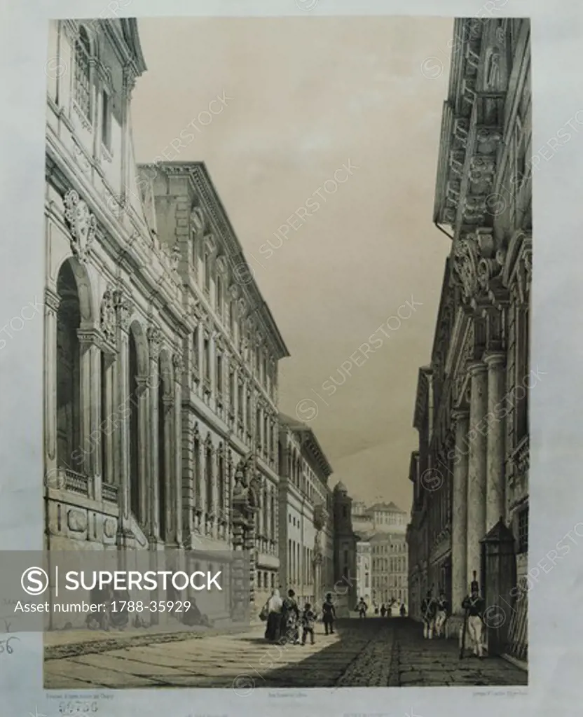 Glimpse of Genoa, Italy 19th Century. Engraving.