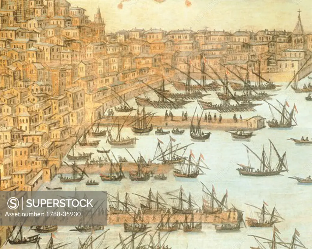 Excavation of the seabed between Spinola and Calvi Bridges in Genoa, by Christopher Grassi, 1597, Italy 16th Century. Tempera on canvas. Detail.