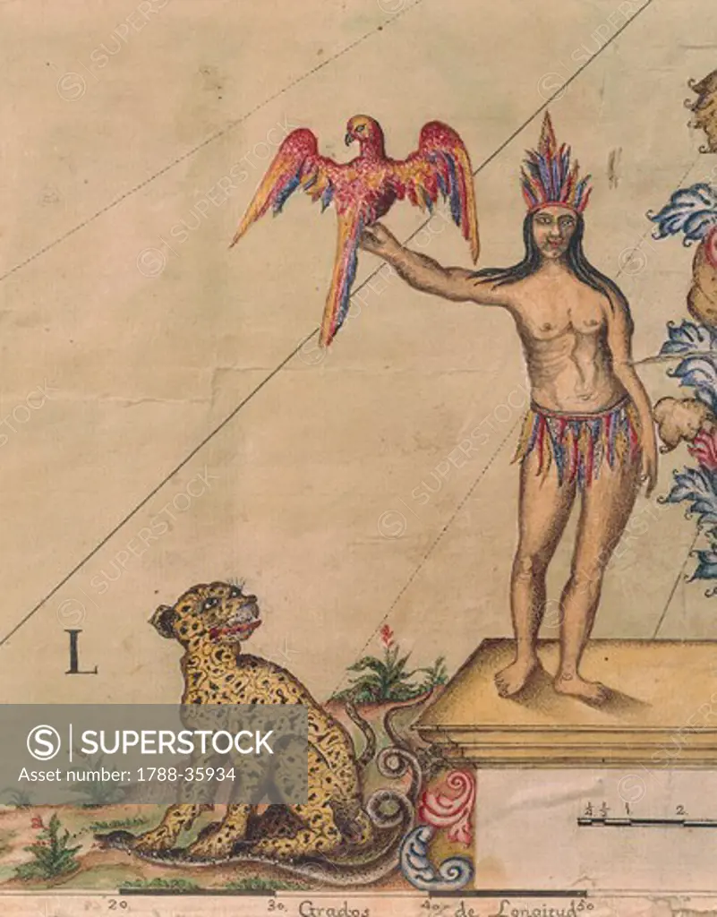 Cartography, 17th century. Map of Panama, 1744. Detail: Native Indian with a parrot.