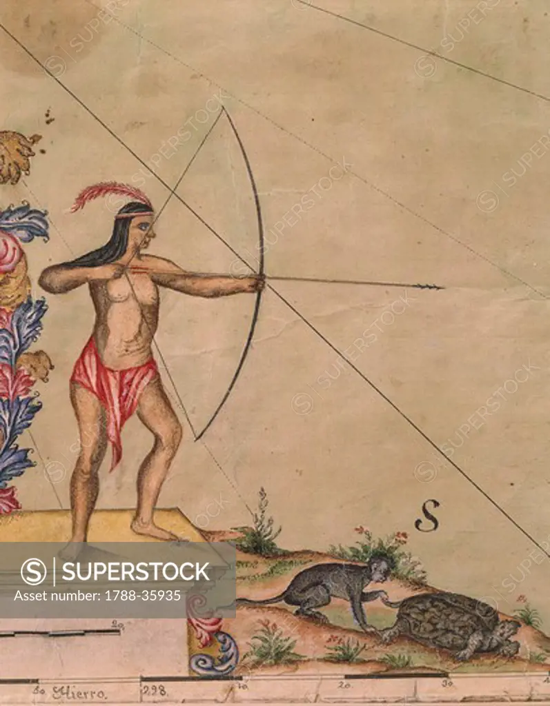 Cartography, 17th century. Map of Panama, 1744. Detail: Native Indian with bow and arrow.