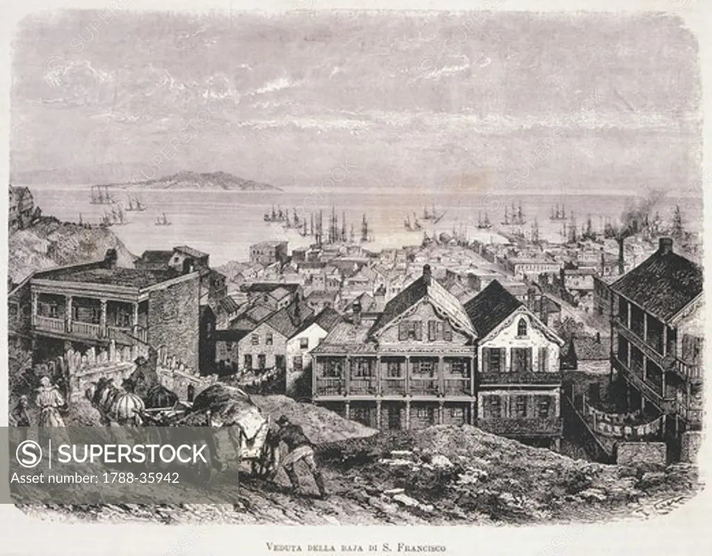 View of San Francisco Bay from  Illustrazione Italiana magazine, 10th August 1879.