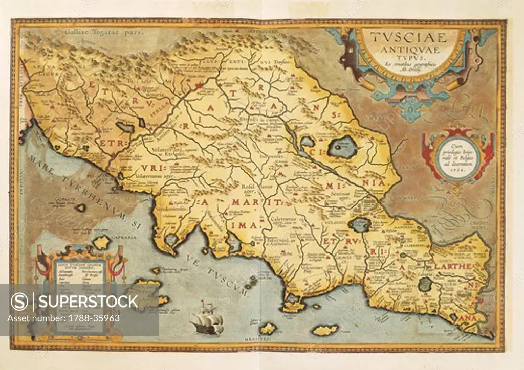 Cartography, Italy, 16th century. Map of Tuscia (Region of Lazio). From Theatrum Orbis Terrarum by Abraham Ortelius (1528-1598), 1570.
