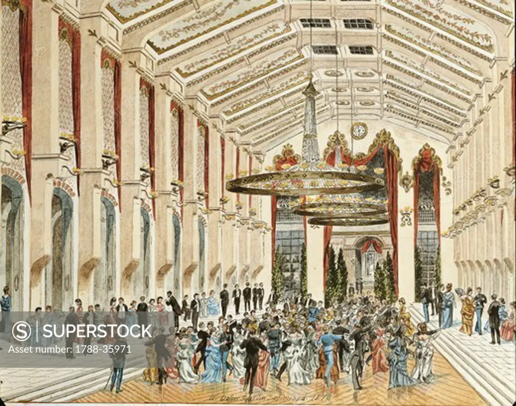 Austria, 19th century. Vienna. Interior of Sofienbad Saal Ballroom, 1870.