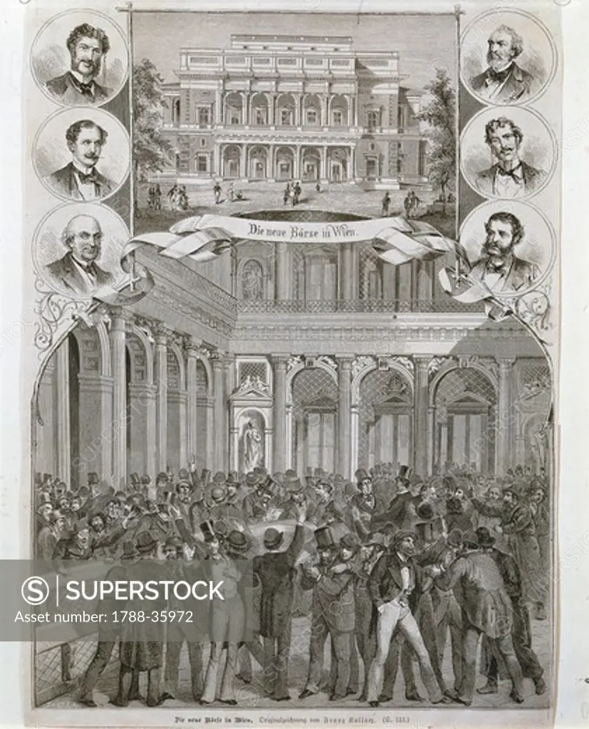 Austria, 19th century. The new hall of the Vienna Stock Exchange. Engraving.