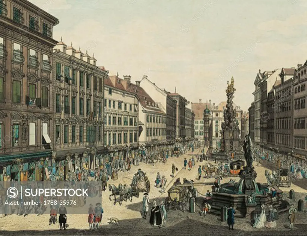 Austria, 18th century. Vienna, Graben street going towards Kholmarkt, with the Pestsaule (the plague column) in the centre. Engraving by Carl Schultz.