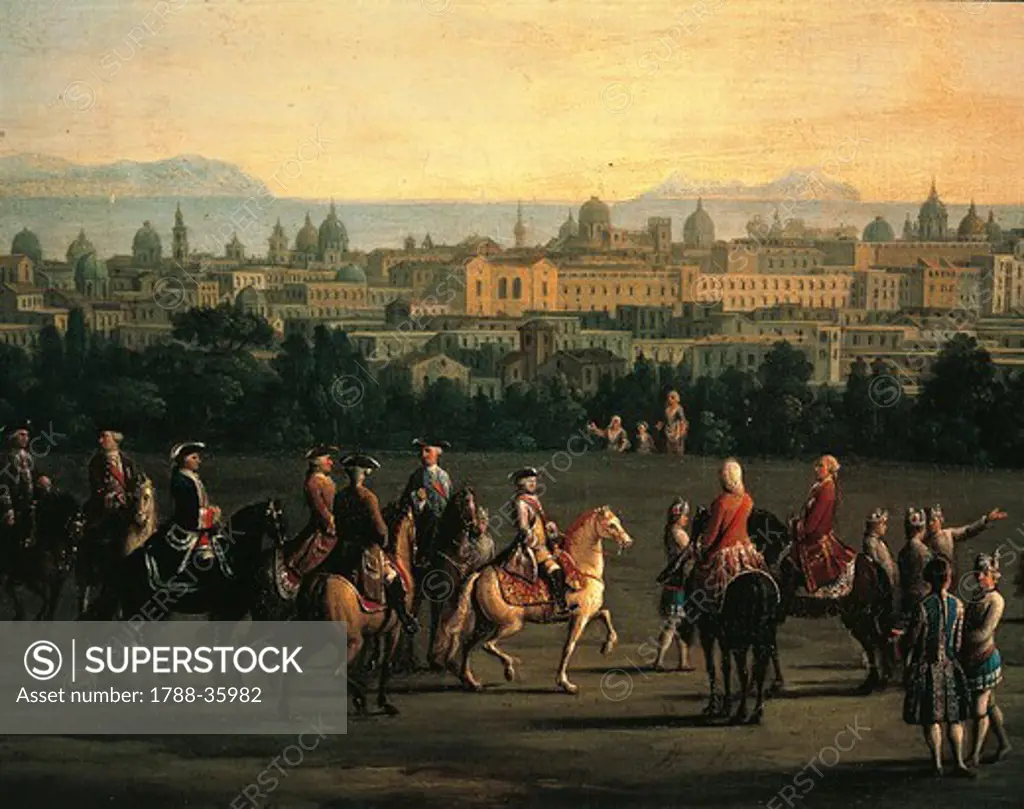 Italy, 18th century. Naples, Neapolitan nobles visiting the Capodimonte Palace. Detail: view of the city.