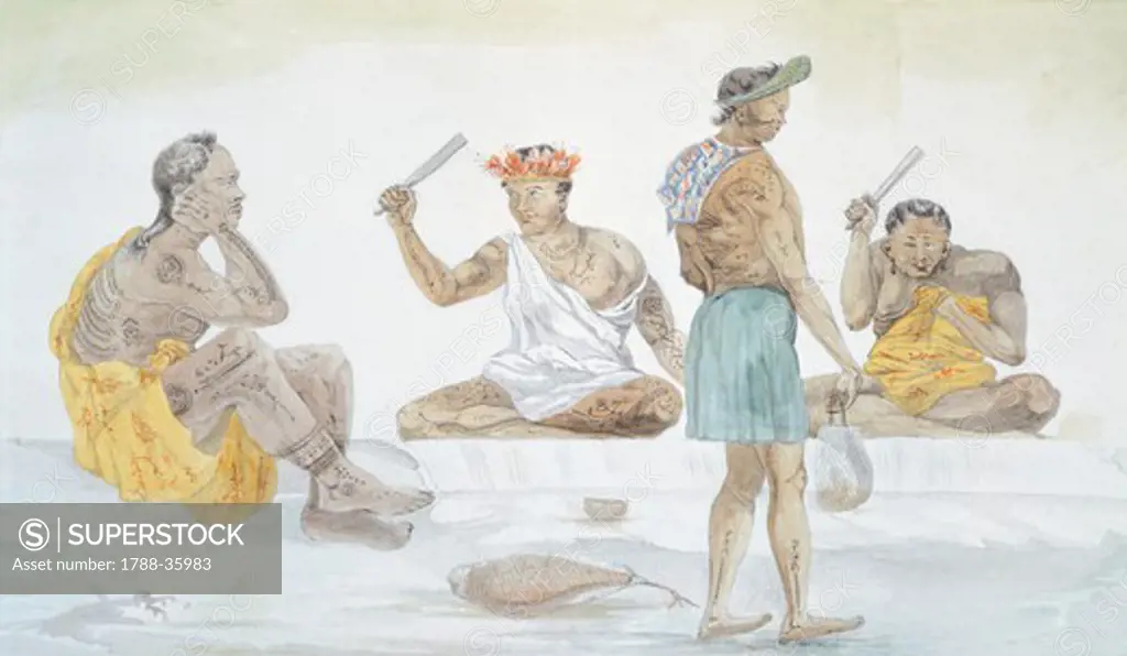 Tahitian cloth beaters, by L.F. Lejeune from the Journey of Louis I. Duperrey (1822-1825), Polynesia 19th century. Watercolour.