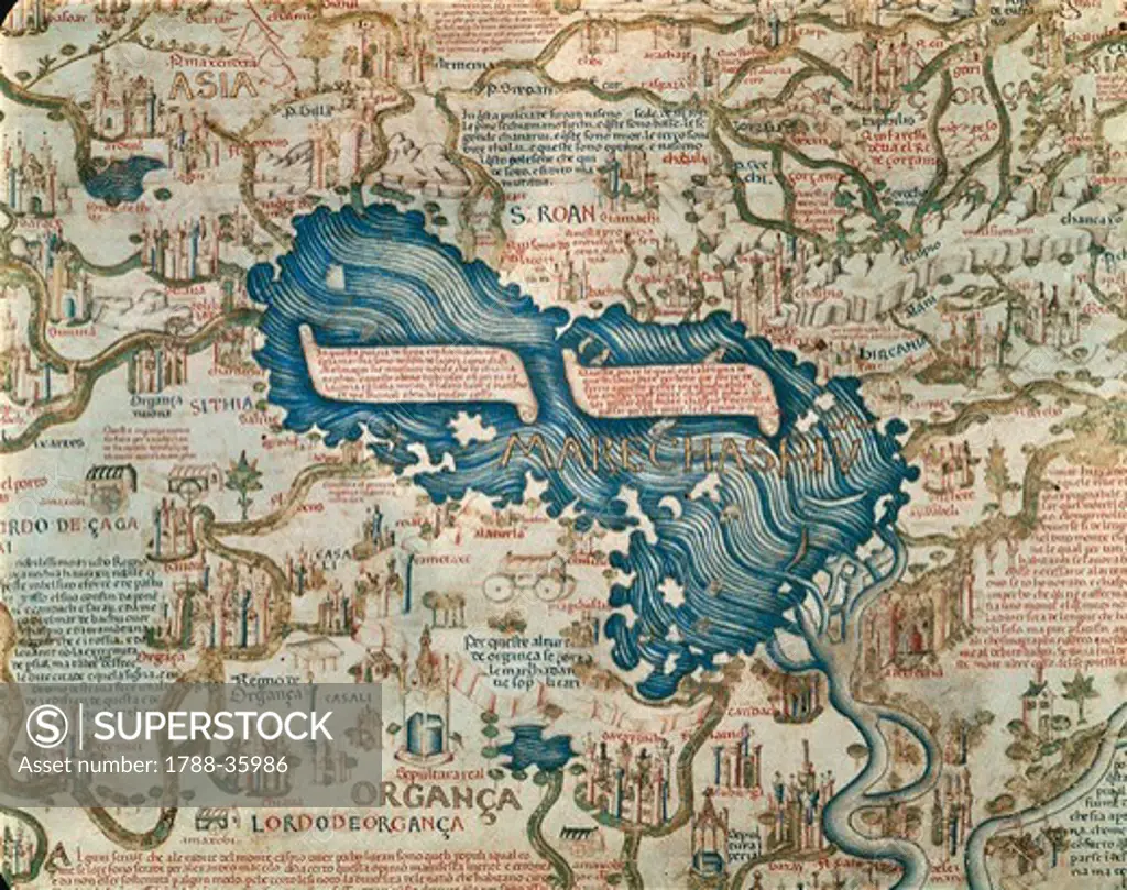 Cartography, 15th century. World map by Camaldolese monk Fra Mauro, 1449. Detail: The Caspian Sea