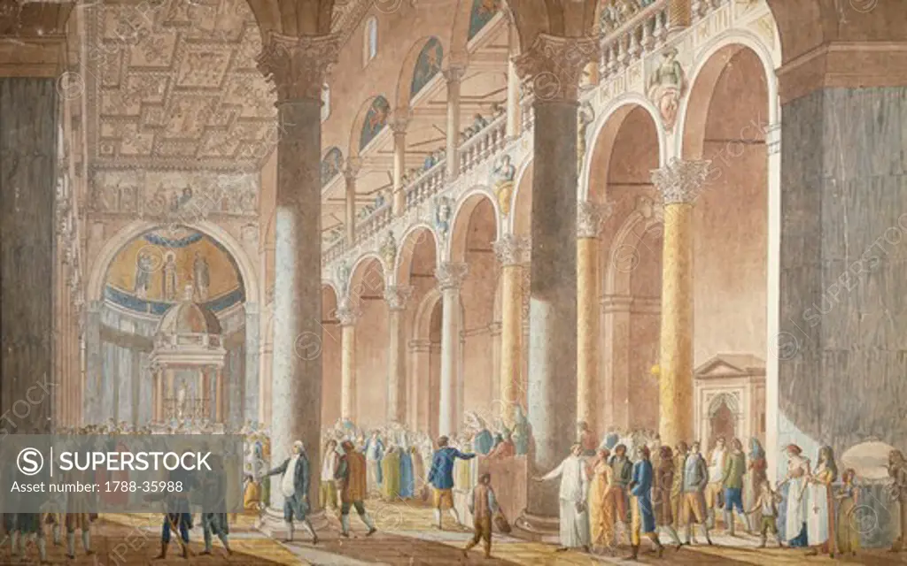 Interior of St Agnes Church in Rome, Italy 19th Century.