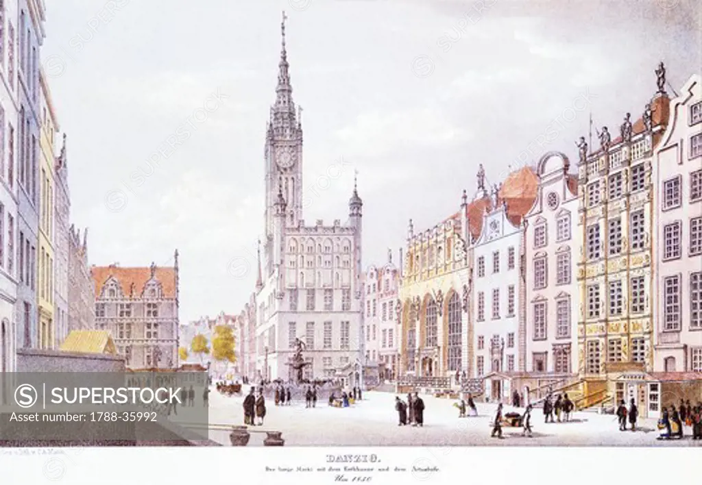 Danzig Market Square, 1850, Poland 19th century.