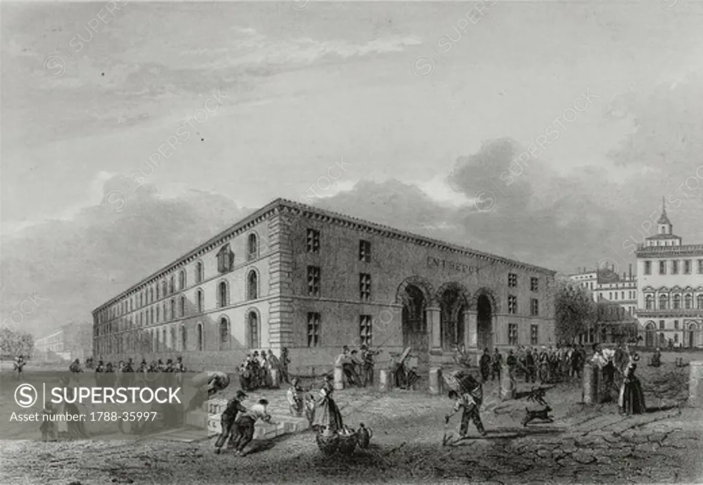 France, 19th century. Bordeaux. The colonial warehouse. Engraving.