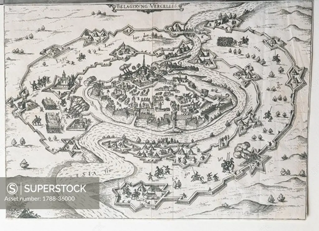 Cartography, Italy, 17th century. Map of the siege on the city of Vercelli.