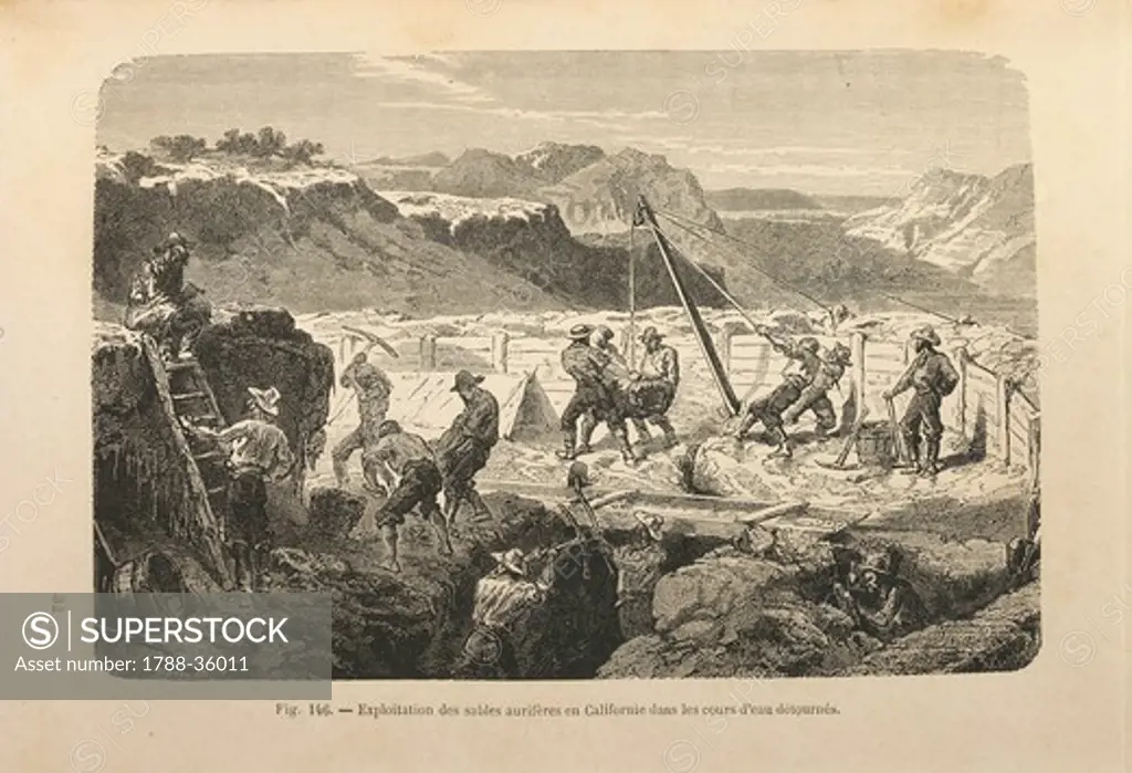 United States of America, 19th century. California, gold mining in a dry river bed.