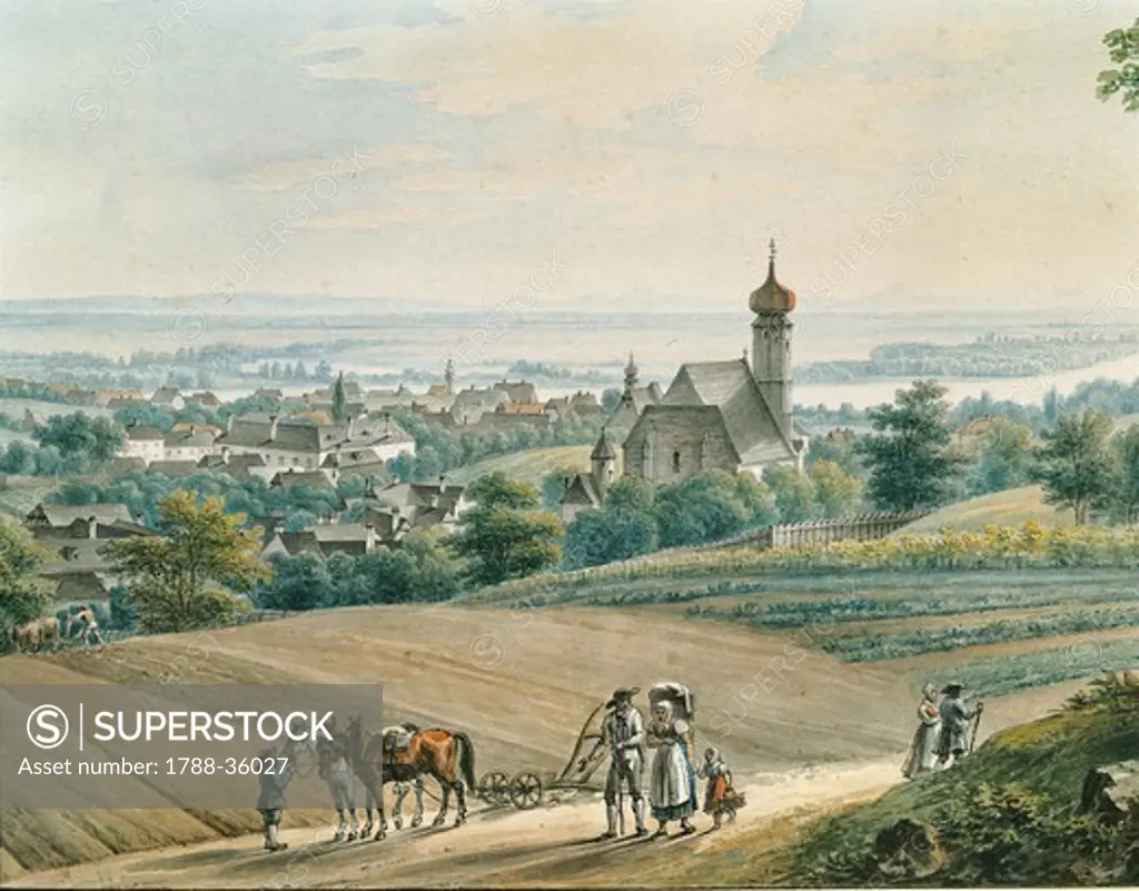 Austria, 18th-19th centuries. The Church of Heiligenstadt in the surroundings of Vienna. It was in this town that Ludwig van Beethoven wrote the letter known as the Heiligenstadt Testament. Watercolour by Johann Tobias Raulino.