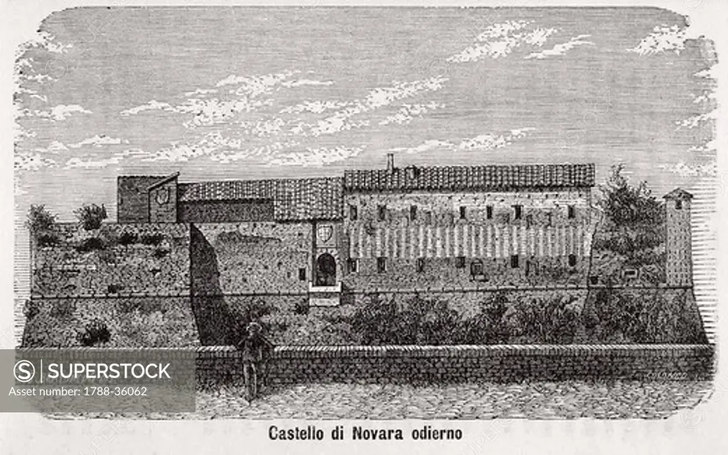 The castle of Novara, 1877, drawing by Bertoncini and engraving by Colombo from Monographs of Novara, Italy 19th Century.