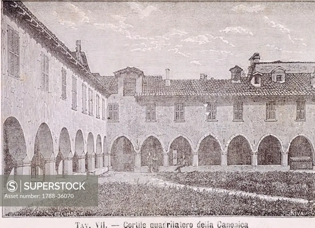 Cloister of the Rectory in Novara, 1877, drawing by Riva, engraving by Columbus from Monographs of Novara, Italy, 19th Century. Engraving.