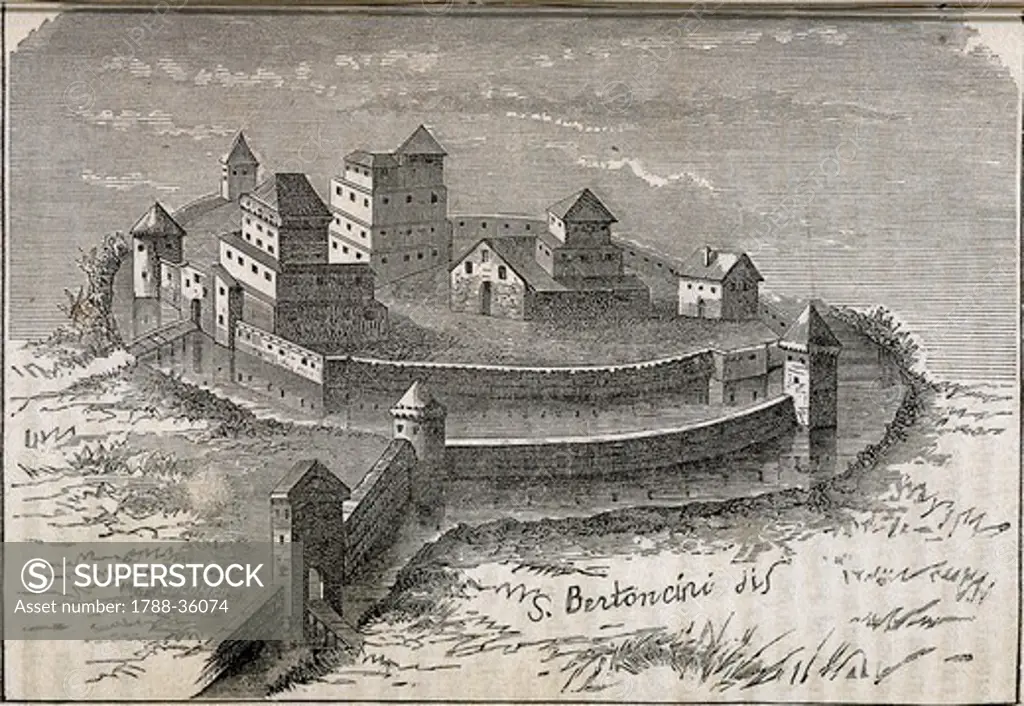 Italy, 19th century. Novara: Sforzesco Castle. Drawing by S. Bertoncini, engraving by Colombo from Monograph on Novara.