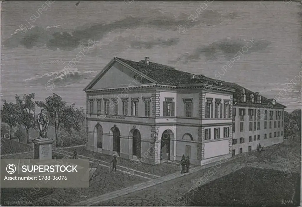Italy, 19th century. Novara: Coccia Theatre. Engraving by Riva from Monograph on Novara.