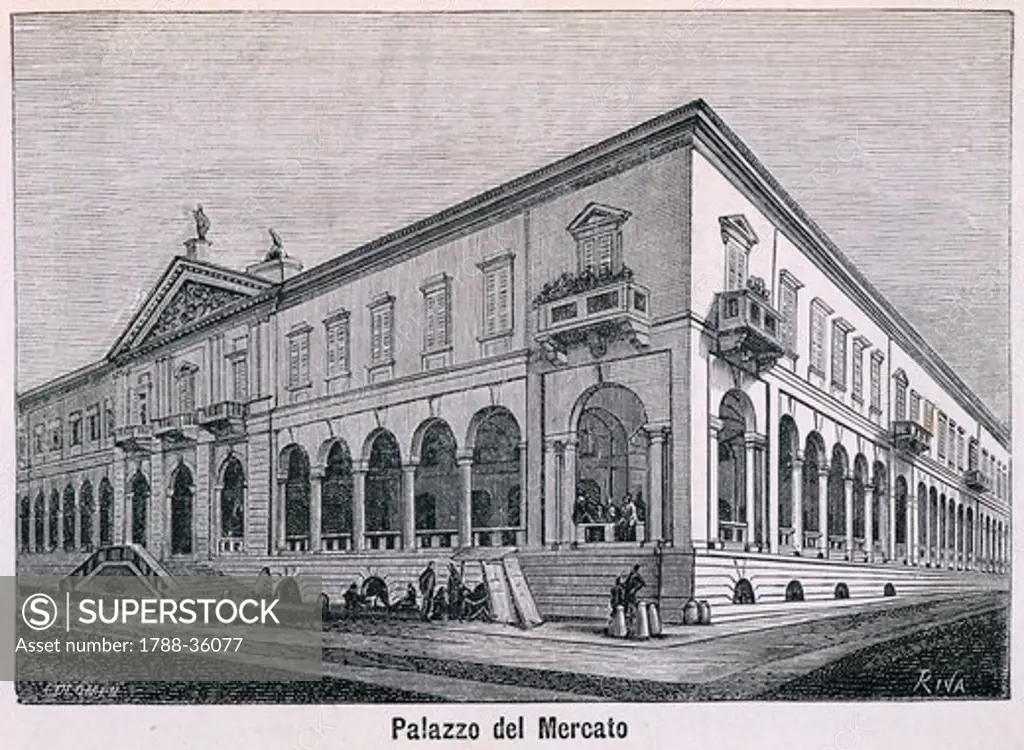 Market Building in Novara, 1877, drawing by Riva, engraving by Columbus from Monographs of Novara, Italy, 19th Century. Engraving.