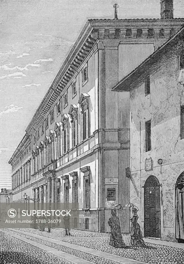 Maggiore Hospital from Corso Mazzini in Novara, 1877, drawing by Riva, engraving by Columbus from Monographs of Novara, Italy, 19th Century. Engraving.