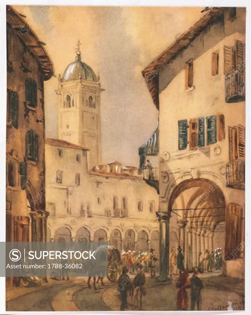 Italy, 19th century. Novara: Piazza delle Erbe (Market Square). Coloured engraving by Steffanoni.