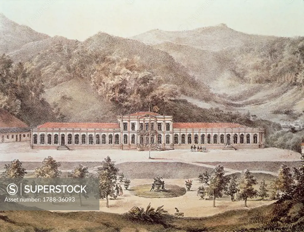 Brazil, 19th century. Petropolis. The Emperors Palace commissioned by Emperor Dom Pedro II, today the Imperial Museum. Engraving by Pieter Gottfried Bertichem.