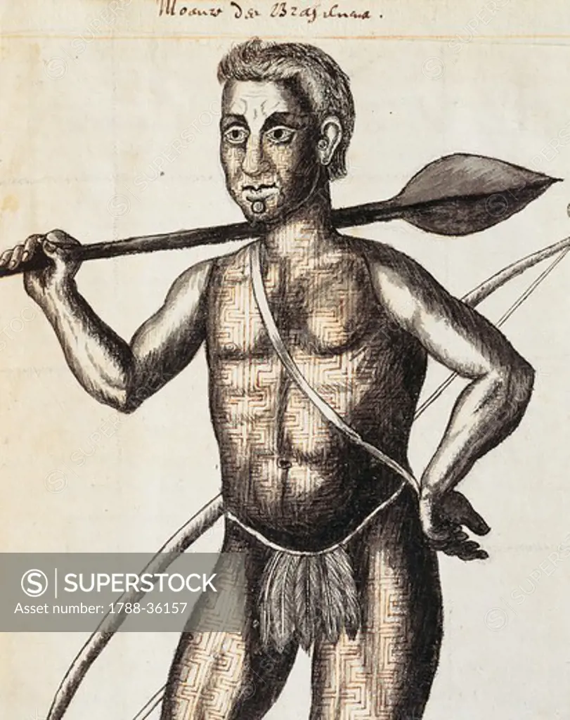the chief of Brazilian Indios, 1633, Brazil 17th Century. Watercolour.