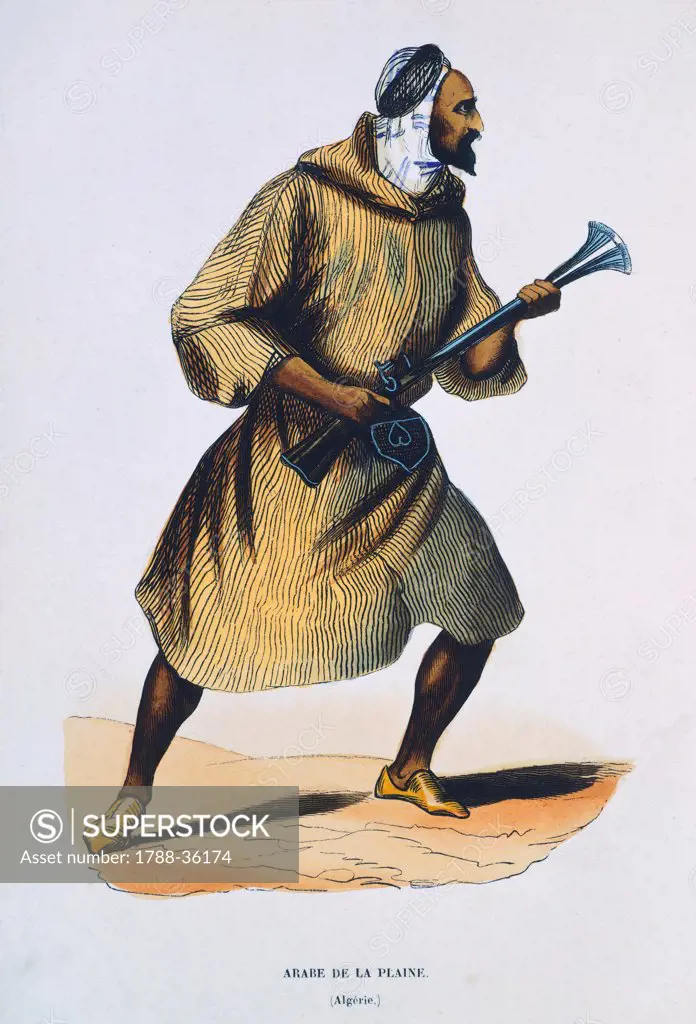 Desert Arab, 1843, engraving from African Costumes by A, Wahlen, Algeria 19th Century.