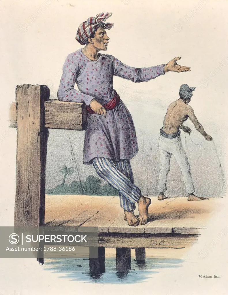 Malaysian men's costumes on Ambon Island by Victor J. Adam from Voyage de la Corvette l'Astrolabe by Jules S. C. Dumont D'Urville, 1826-1829, Indonesia 19th century. Engraving.