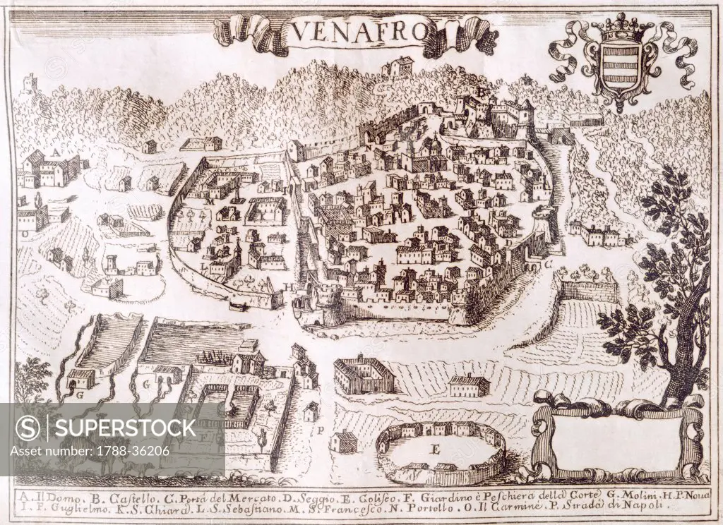 View of Venafro, by Giovan Battista Pacichelli, from The Kingdom of Naples in Perspective, published posthumously in 1702, Italy 17th Century. Engraving.