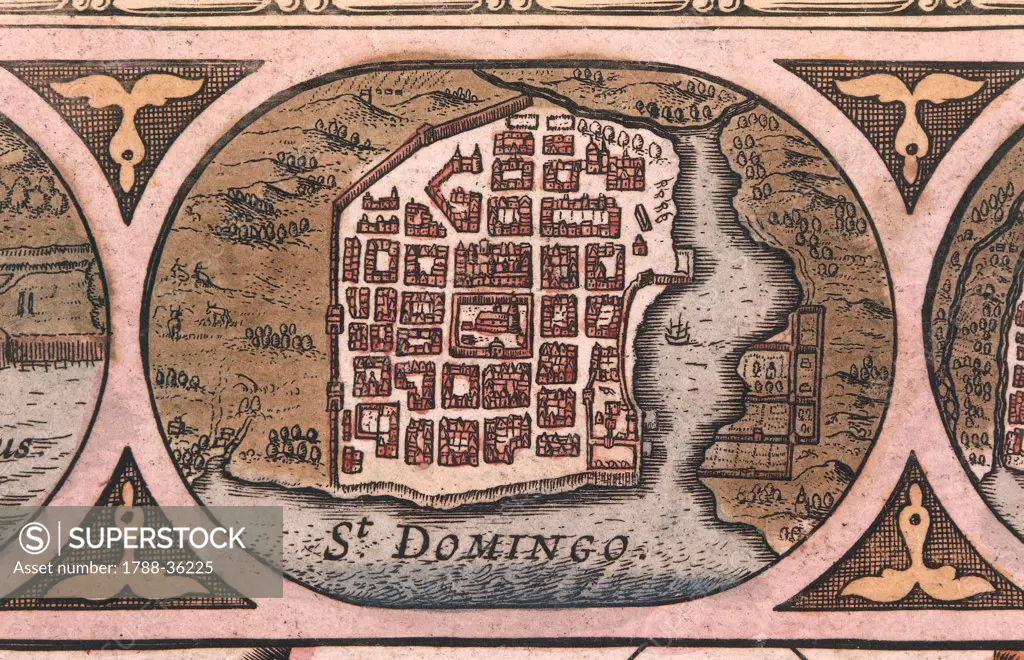 Cartography, Dominican Republic, 17th century. Santo Domingo. Engraving from an atlas from the 17th century.