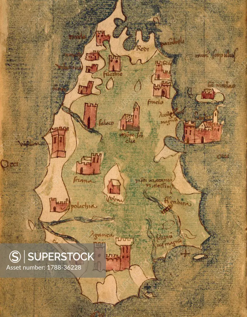 Cartography, Greece, 15th century. Rhodes Island. From the Latin manuscript, Insularium Arcipelagi.