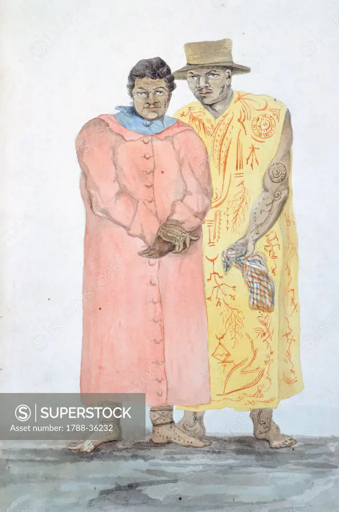 The two kings of Bora Bora, by L.F. Lejeune from the Journey of Louis I. Duperrey (1822-1825), Polynesia 19th century. Watercolour.