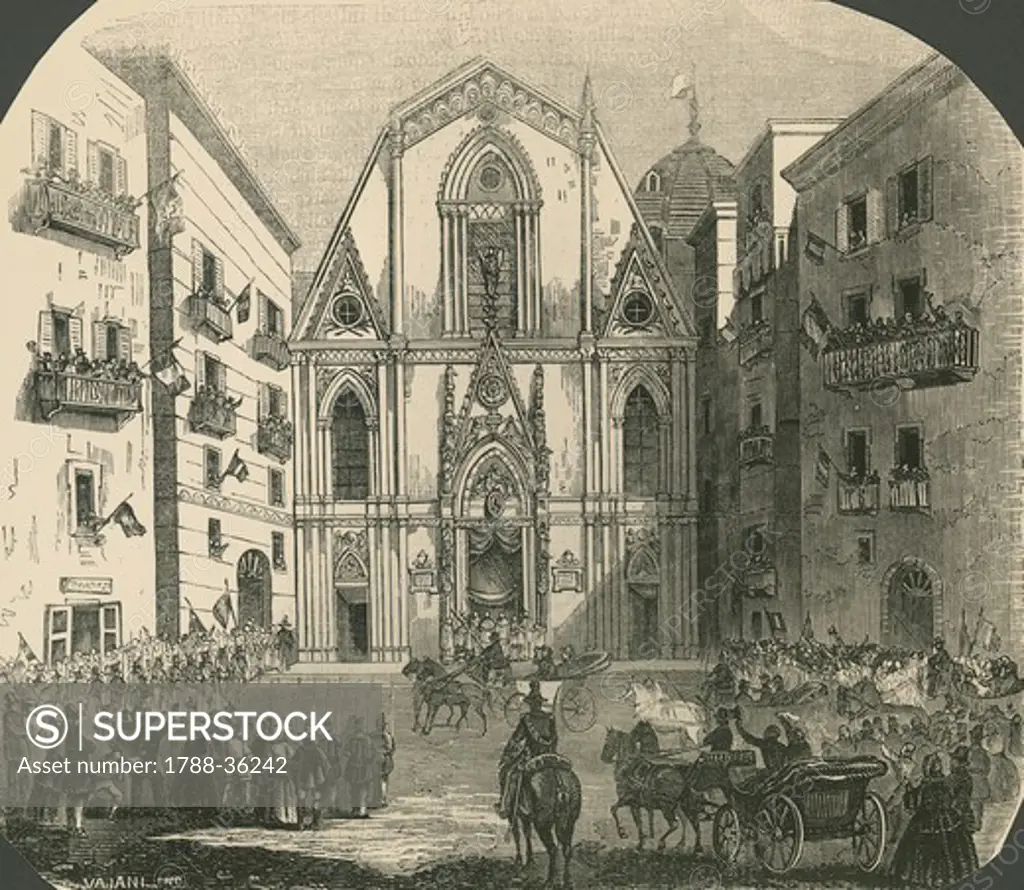 The Cathedral of Naples on the occasion of the proclamation of the King of Italy, Italy 19th Century. Engraving.