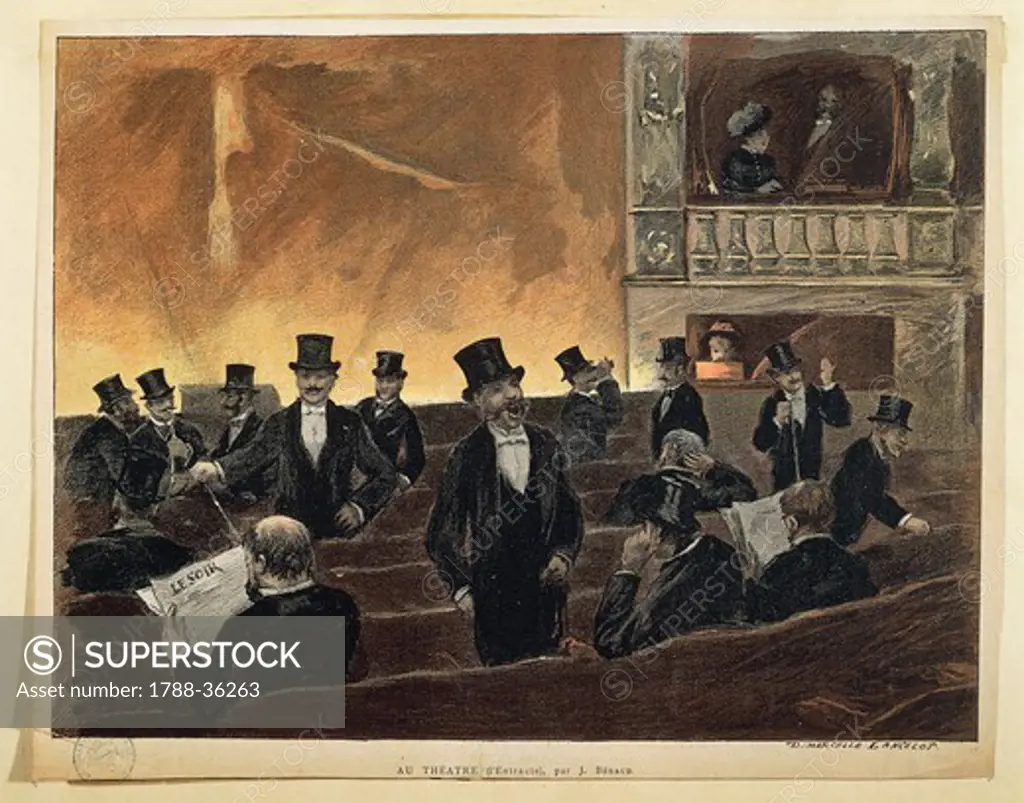 France, 19th century. The interval at the theatre. Color engraving by Marcelle L'Ancelot from a drawing by Jean Beraud.