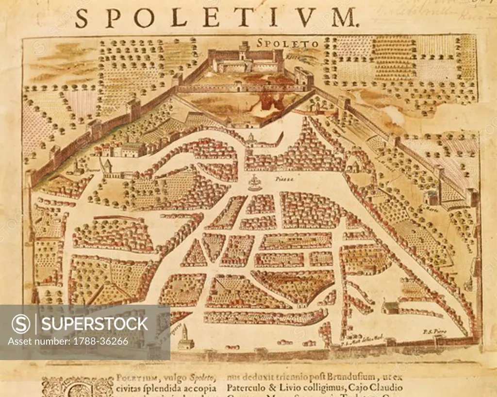 Cartography, Italy, 17th century. Map of Spoleto. Colored Engraving.