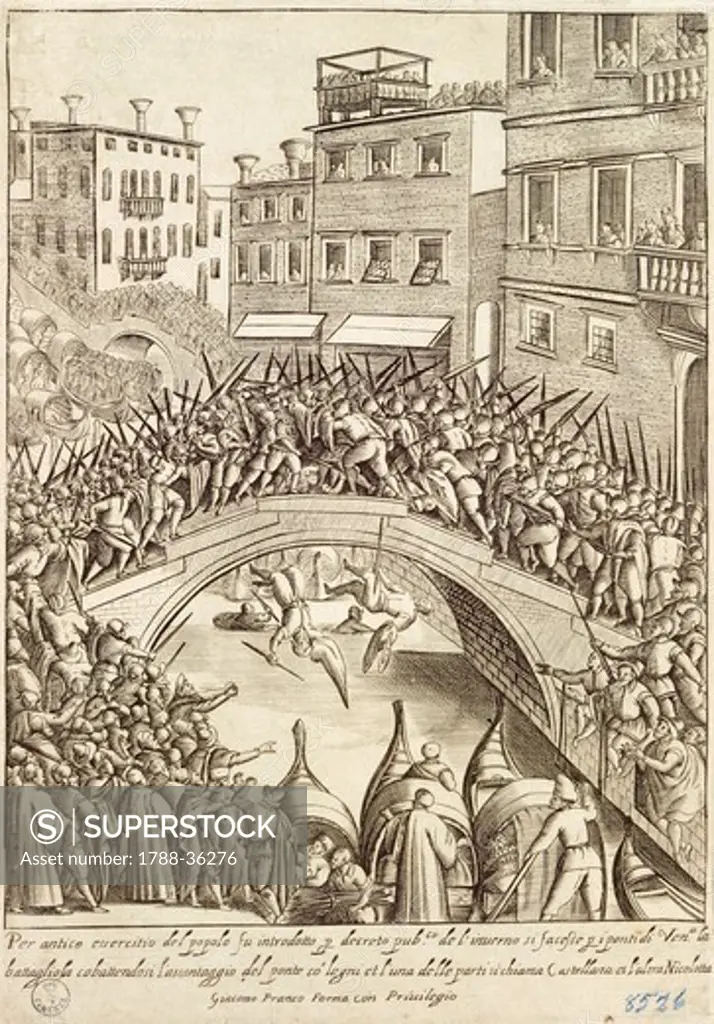 The battle between residents of Castellana and Nicolotta for the conquest of a bridge in Venice, 1610, by Giacomo Franco (1556-1620), engraving from Costumes of Venetian Men and Women. Italy 17th Century.