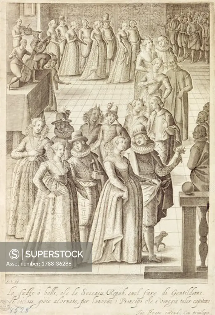 Parties and dances in Venice, 1610, by Giacomo Franco (1556-1620), engraving from Costumes of Venetian Men and Women. Italy 17th Century.