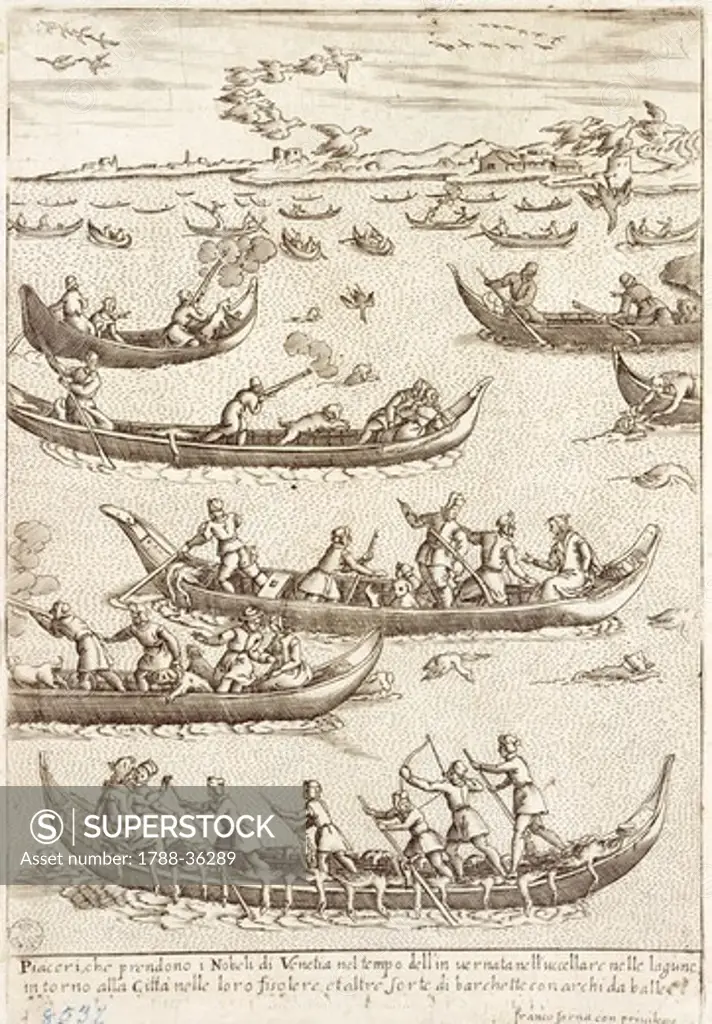 Nobility hunting fowl in the Venetian lagoon in winter, 1610, by Giacomo Franco (1556-1620), engraving from Costumes of Venetian Men and Women. Italy 17th Century.