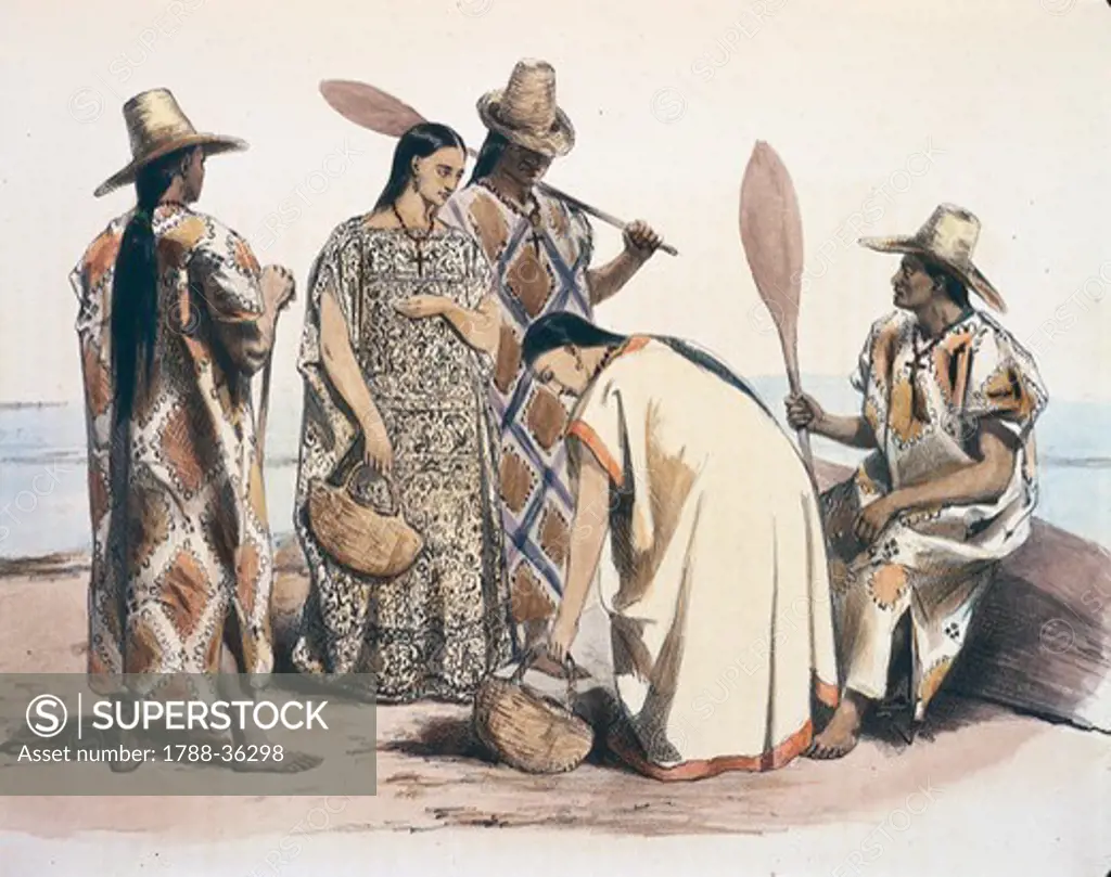 History of Exploration, Bolivia, 19th century. Moxos Indian costumes. Colored engraving by Emile Lassalle from Alcide Dessalines d'Orbigny Journey, 1833.
