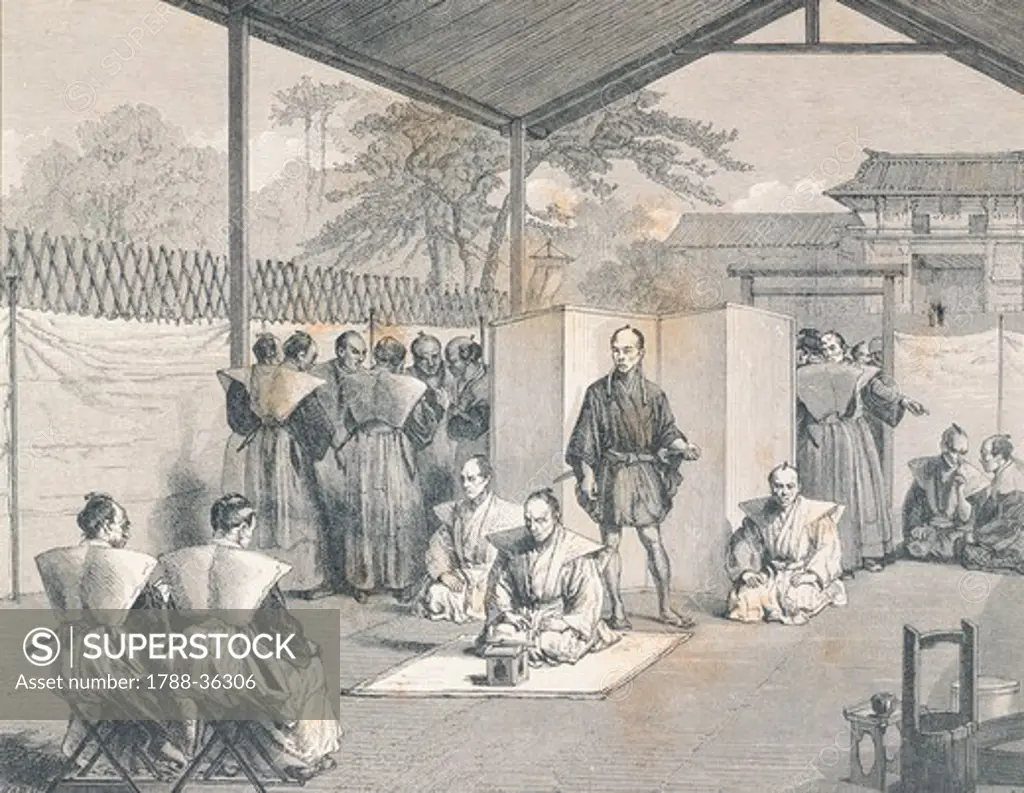 Hara-Kiri Ceremony, execution of a nobleman, China 19th century. Engraving.