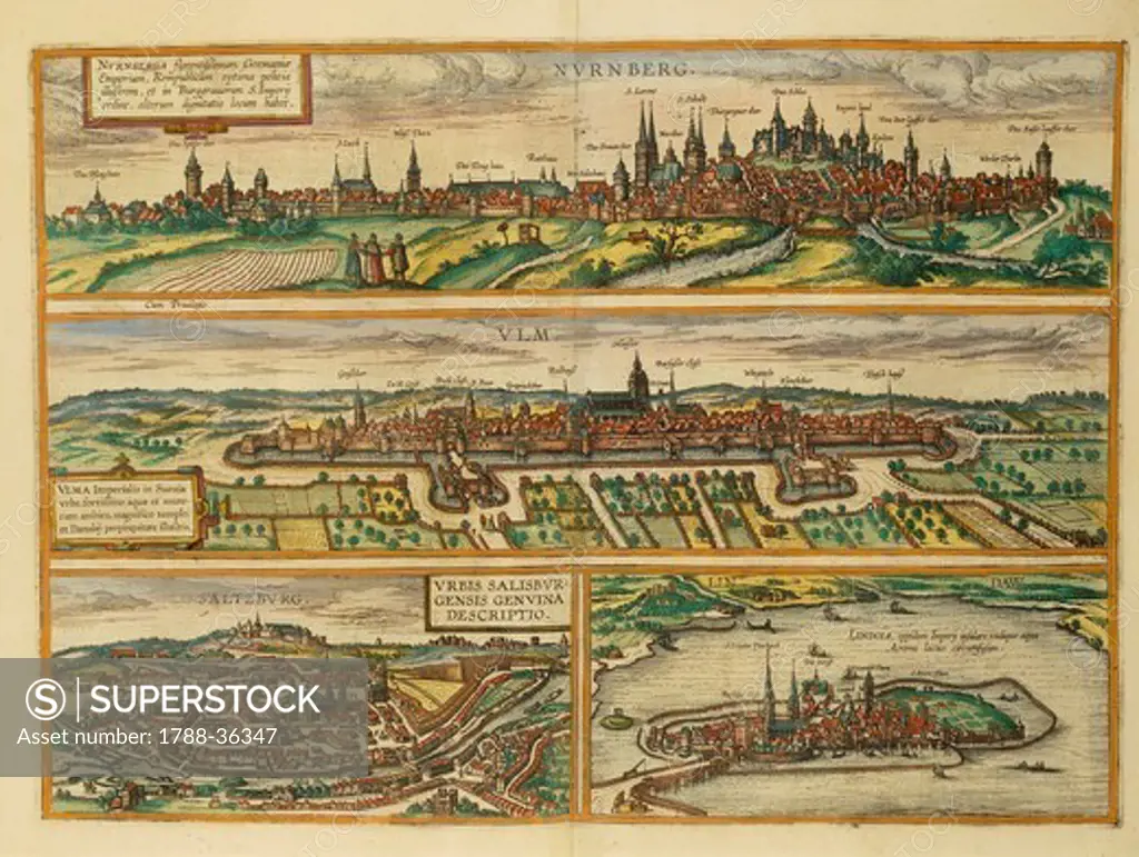 Cartography, Germany and Austria, 16th century. Map of Nuremberg, Ulm, Salzburg and Lindau. From Civitates Orbis Terrarum by Georg Braun (1541-1622) and Franz Hogenberg (1540-1590), Cologne. Engraving.