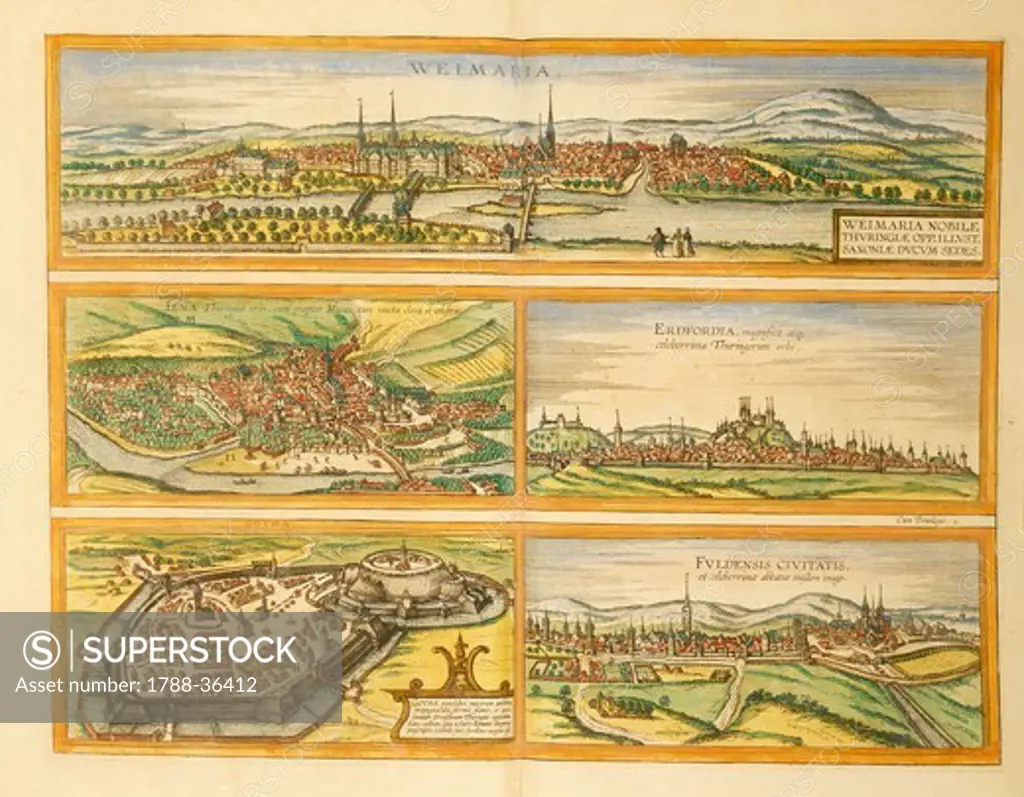 Cartography, Germany, 16th century. Map of Weimar, Jena, Erfurt, Gotha and Fulda. From Civitates Orbis Terrarum by Georg Braun (1541-1622) and Franz Hogenberg (1540-1590), Cologne. Engraving