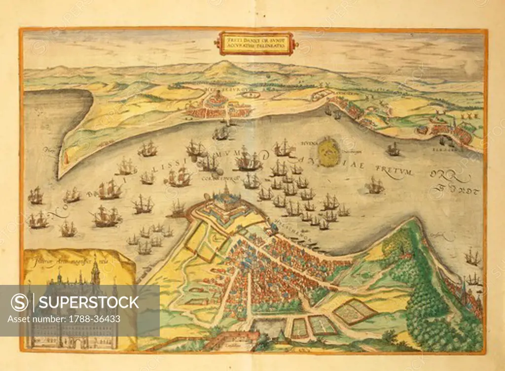 Cartography, Denmark, 16th century. Kronborg. From Civitates Orbis Terrarum by Georg Braun (1541-1622) and Franz Hogenberg (1540-1590), Cologne. Engraving
