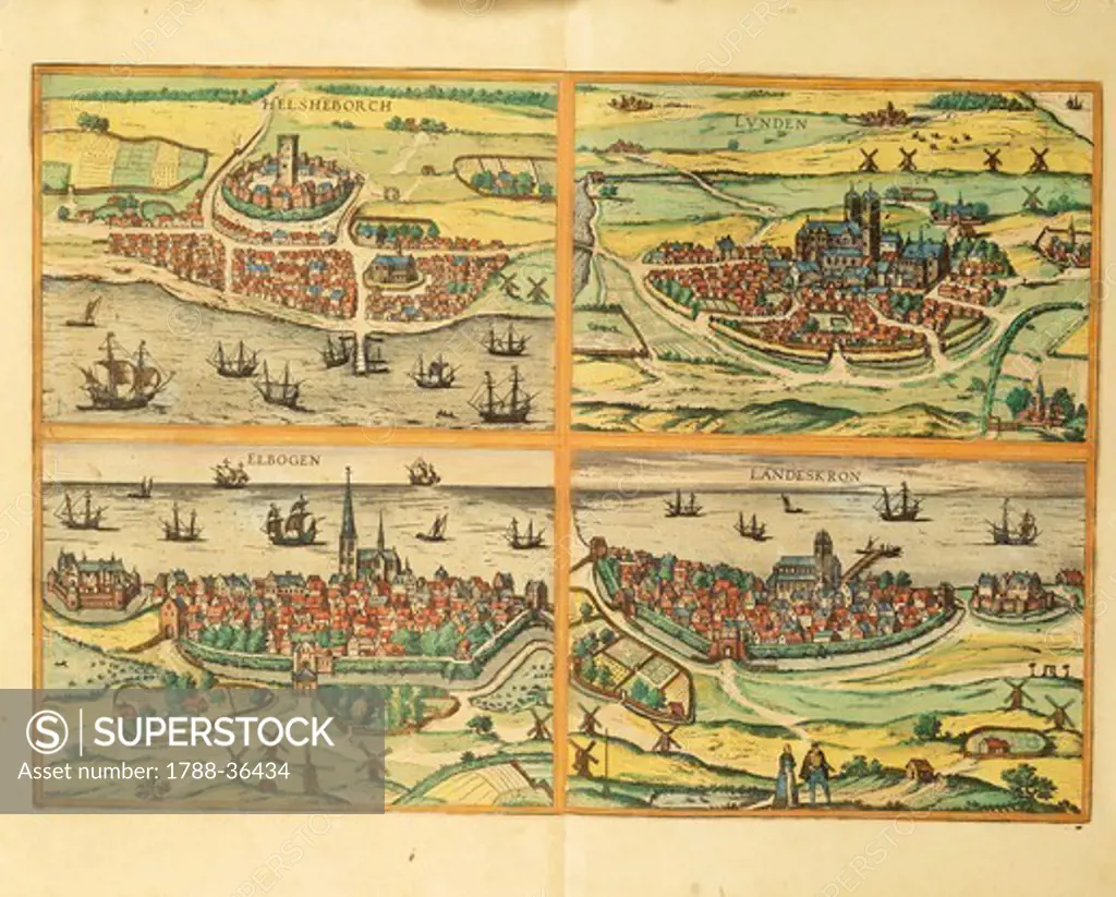 Cartography, Sweden, 16th century. Helsingborg, Lund, Malmo (Elbogen) and Landskrona. From Civitates Orbis Terrarum by Georg Braun (1541-1622) and Franz Hogenberg (1540-1590), Cologne. Engraving