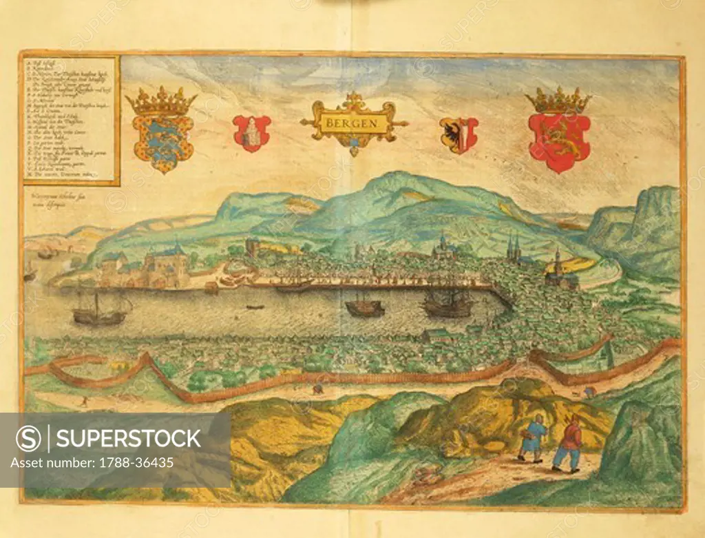 Cartography, Sweden, 16th century. Bergen. From Civitates Orbis Terrarum by Georg Braun (1541-1622) and Franz Hogenberg (1540-1590), Cologne. Engraving