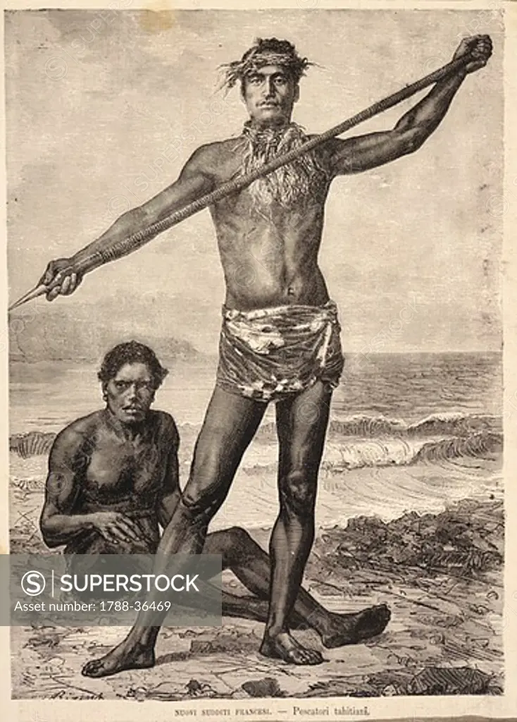 Polynesia, 19th century. Tahiti fishermen, 1880. Engraving.