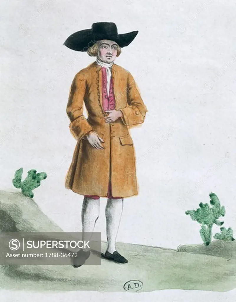 Traditional Quaker dress, 1767, United States of America 18th century. Engraving.