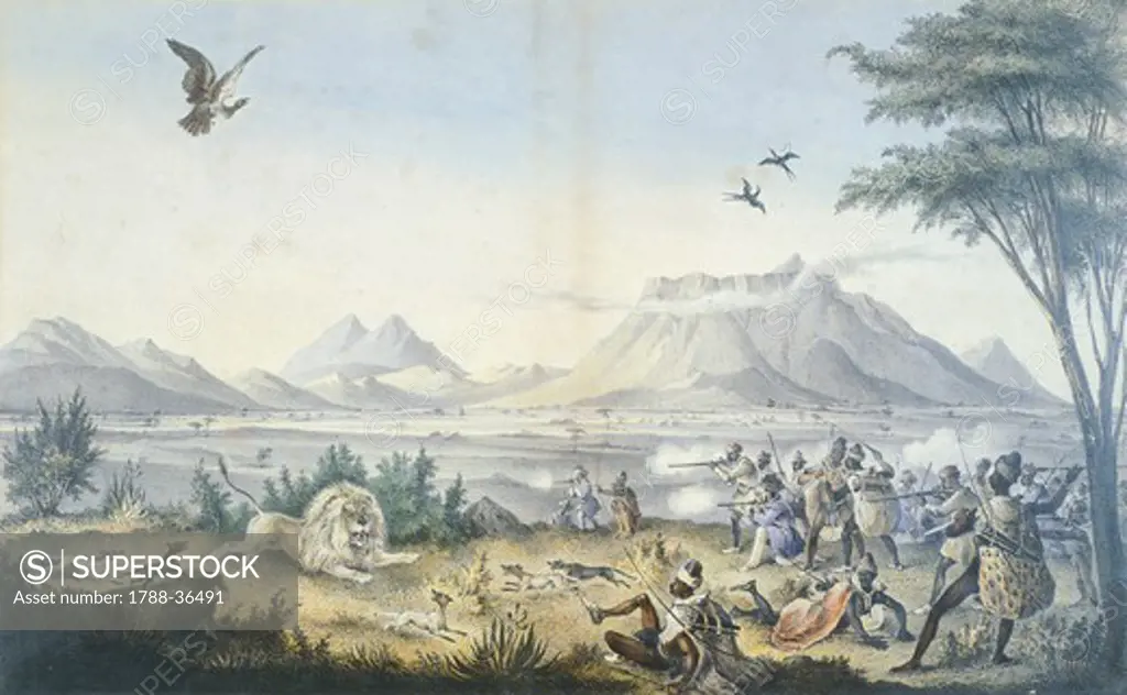 A lion hunt in Damaraland by Sir James E. Alexander, South Africa 19th century.